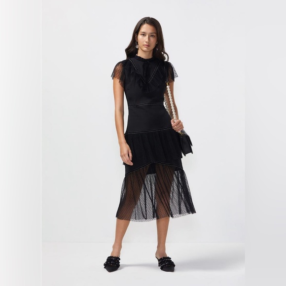 J.O.A Ruffle Tiered Mock Neck Wednesday Addams Black Midi Dress - Picture 1 of 9